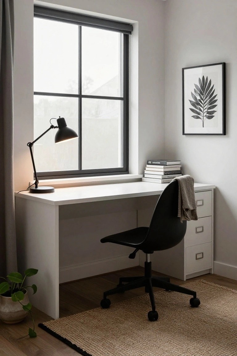 Home office corner with white desk and drawers, black swivel chair with gray towel draped over back, black desk lamp lit up, stack of books, potted green plant, seagrass rug, and window with gray blinds.
