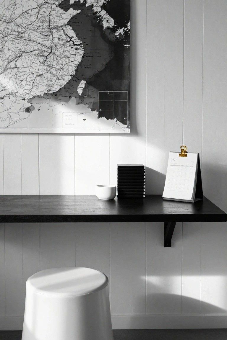 Black-and-white photo of a minimalist office nook with a floating black wood desk shelf on white vertical paneled walls, a large framed map of eastern China and Taiwan, a propped-up desk calendar with gold clip, stacked black notebooks, white ceramic cup, and white cylindrical stool below.