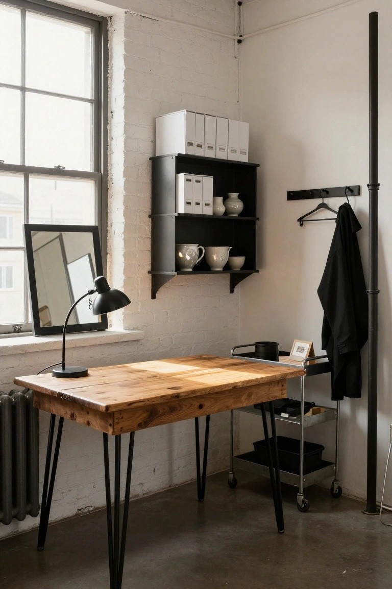 Corner home office with light wood desk on black hairpin legs, black adjustable desk lamp, exposed white brick walls, black wall shelves holding white ceramics and files, black metal cart, and black coat rack on pipe.
