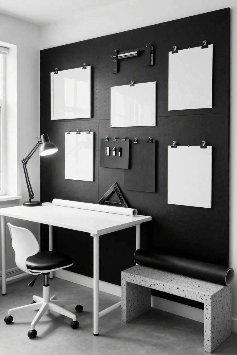 Black-and-white photo of a minimalist office with a large black pegboard wall holding white clipboards, clips, drafting tools, and paper rolls, next to a white desk, adjustable lamp, white chair, and concrete stool.