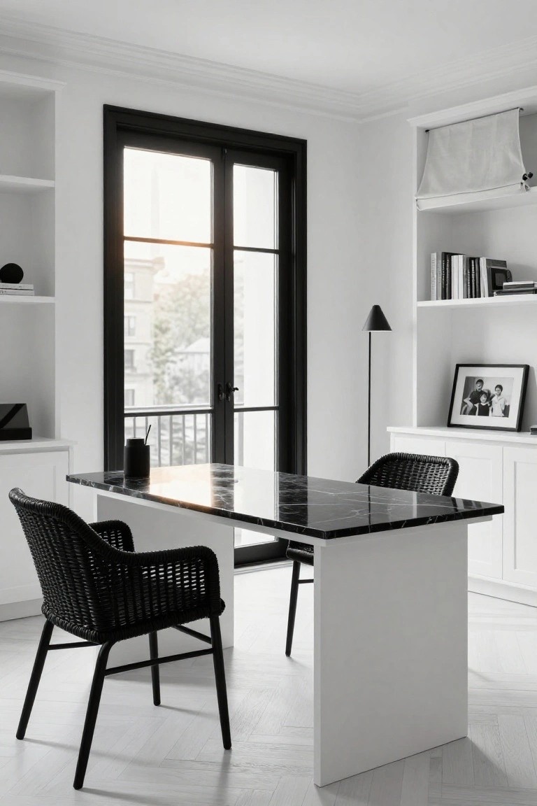 Black rattan armchairs at a white desk with black marble top and white cabinets in a bright office with black-framed doors and open shelves.