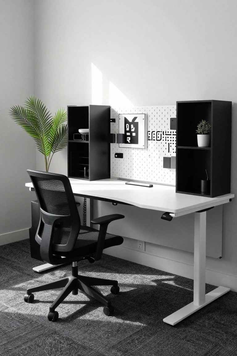 A home office with a white standing desk and black mesh chair centered between two black open cube shelving units against a wall with polka dot pegboard, including a potted palm plant and small succulent.