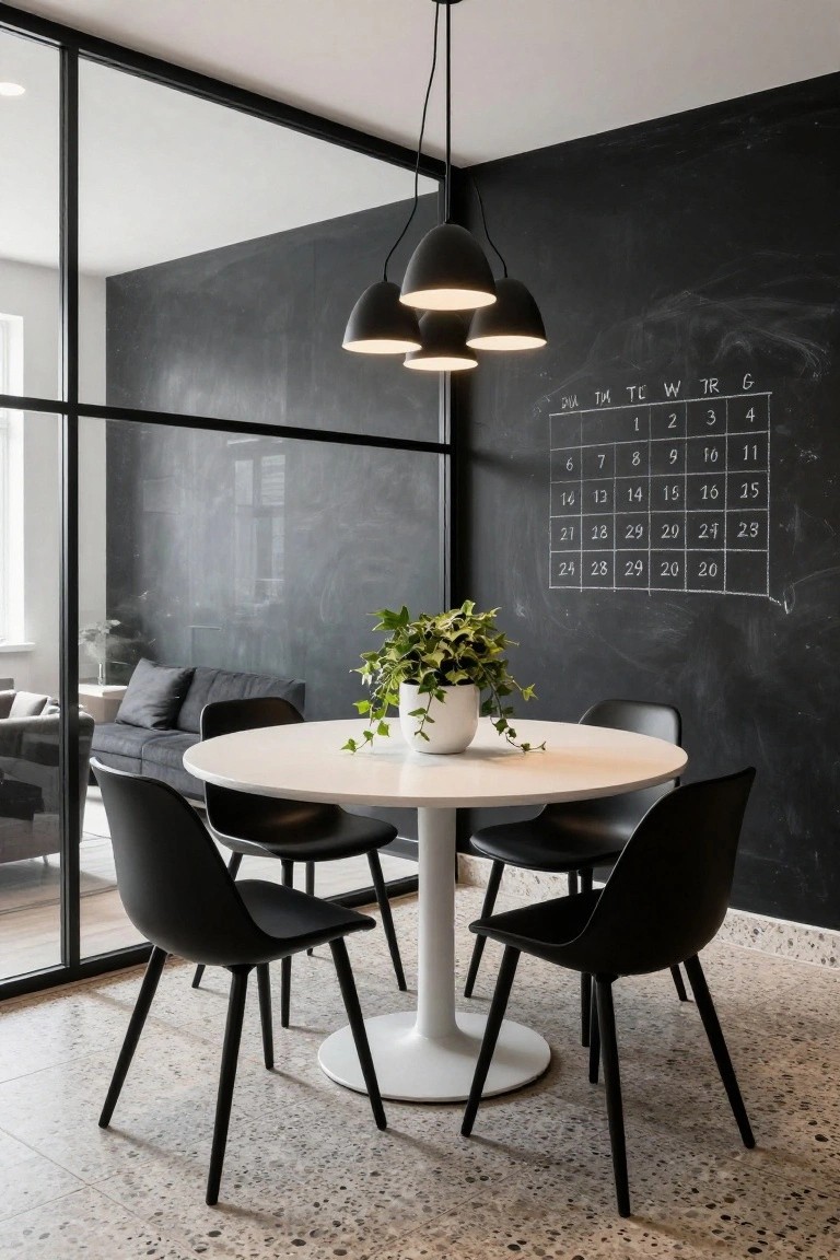 Modern interior office with black chalkboard wall featuring hand-drawn monthly calendar, round white pedestal table surrounded by four black chairs, potted plant on table, gray sofa in background, and glass partition walls.