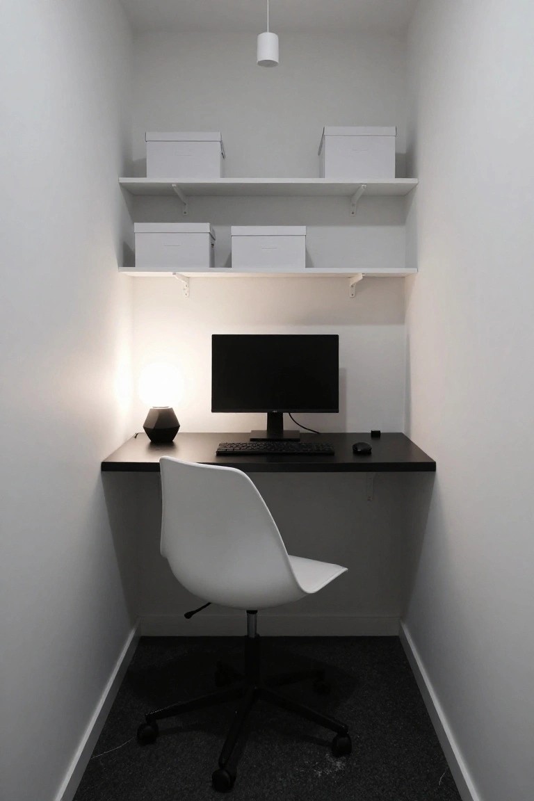A narrow white closet converted into a home office with floating black desk, white chair, black monitor, keyboard, mouse, geometric lamp, and white storage boxes on upper shelves.