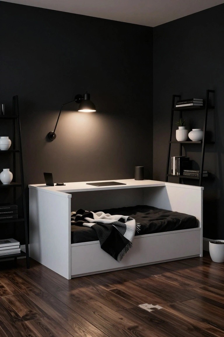 Corner white desk with integrated black bed and white blanket in a black-walled room with black shelving units, white vases, and wood flooring.
