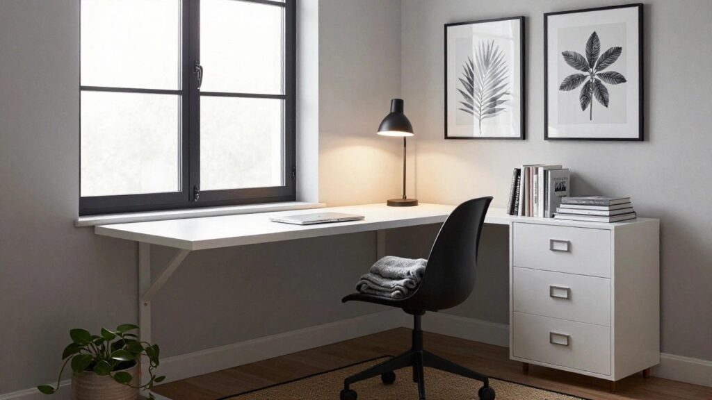 20 Black and White Office Decor Ideas That Always Work Home office corner with white desk and drawers, black swivel chair with gray towel draped over back, black desk lamp lit up, stack of books, potted green plant, seagrass rug, and window with gray blinds.