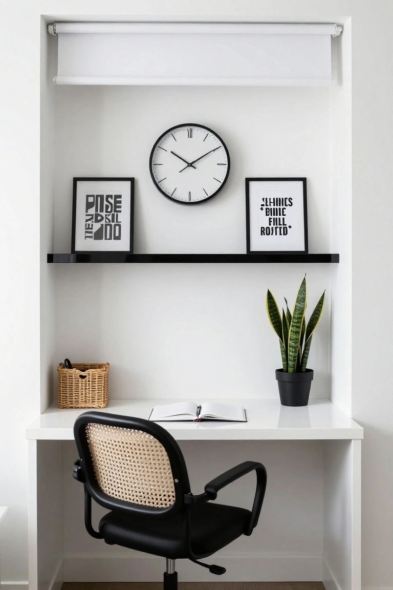 Built-in white wall alcove containing a white desk with open notebook, black-framed rattan chair, wicker basket, black shelf with clock and frames above, and snake plant in black pot.
