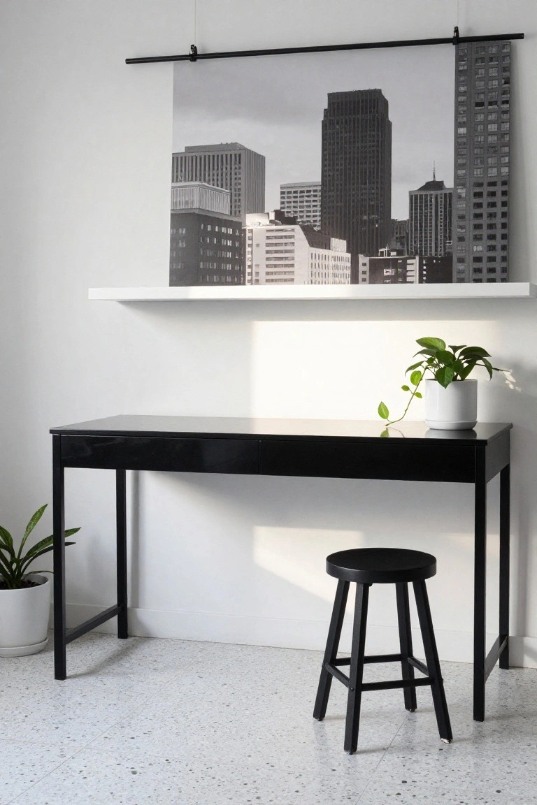 Minimalist home office with black glossy-top desk on slim metal legs, black stool nearby, potted plants on desk and floor, white floating shelf holding small city model, and large hanging black and white cityscape print against white walls and speckled white floor.