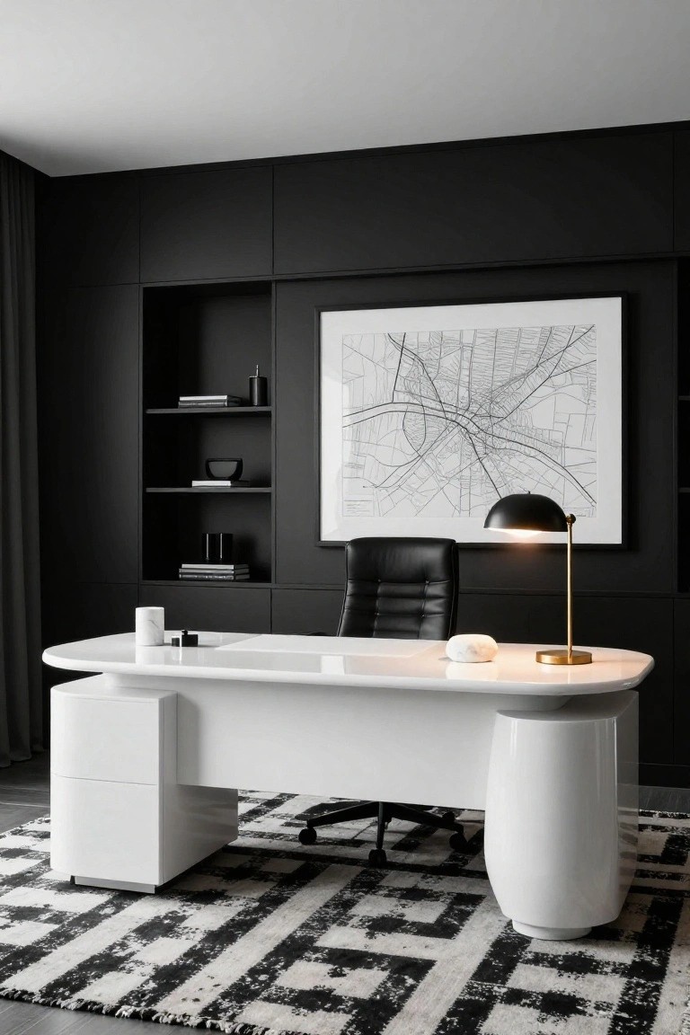 Modern home office with matte black walls and built-in shelving, glossy white curved desk with pedestal base, black leather chair, gold desk lamp, white decorative stones, and black-and-white geometric rug.