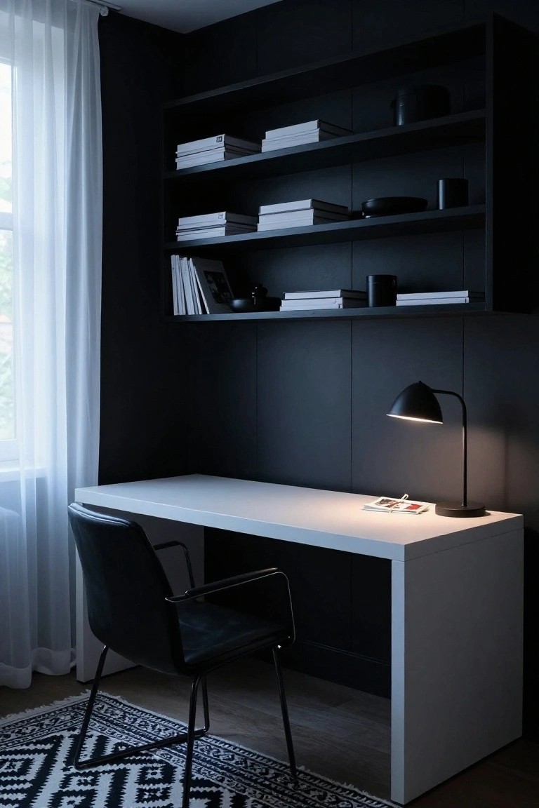 Modern home office interior featuring dark black paneled walls and built-in black shelves stocked with white books, black ceramics, and mugs, a white L-shaped desk with a black desk lamp, open notebook, phone, black leather chair, sheer white curtains on a window, and black and white patterned rug on wood floor.