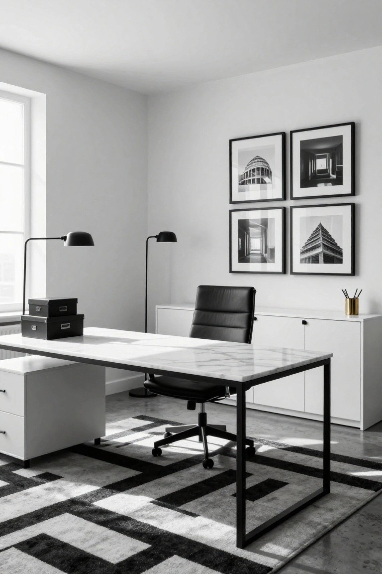 A minimalist home office in black and white with a white marble-top desk on black metal legs, black leather office chair, white cabinets, black storage boxes, two black floor lamps, and four black-framed architectural photos on the wall.