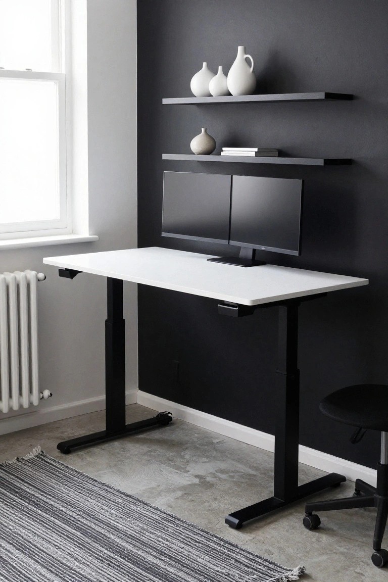 Home office featuring a white height-adjustable standing desk with black legs and frame against a dark gray wall, dual black computer monitors on the desk, black floating shelves with white ceramic vases and a book, white window and radiator nearby, black office chair, and striped rug on concrete floor.