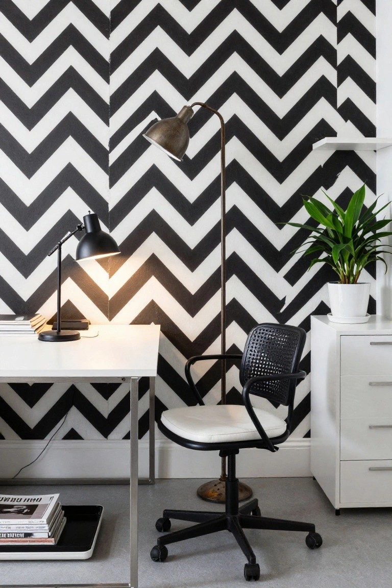 Home office with black and white zigzag wallpaper on walls, white metal desk, black adjustable desk lamp lit up, black mesh office chair, bronze floor lamp, potted green plant in white pot, and white cabinet next to it.