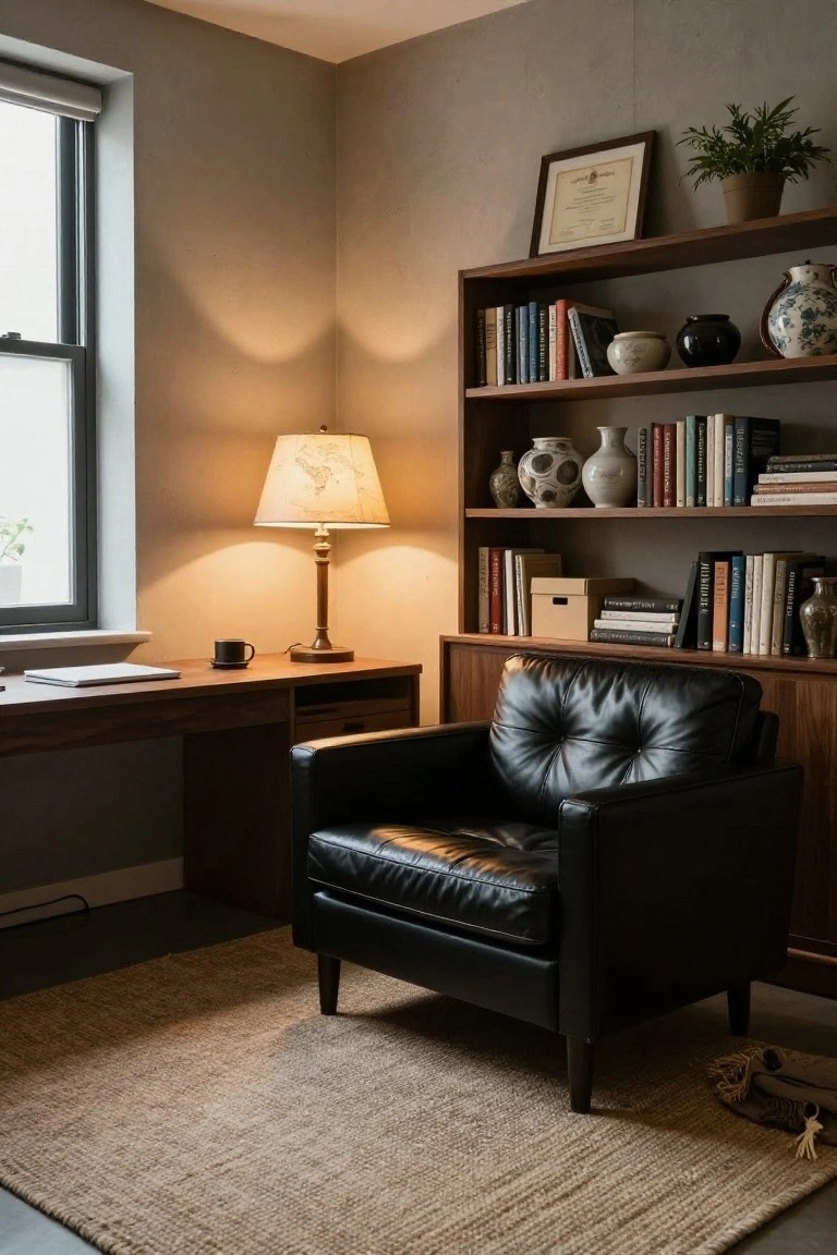 Study room with black leather armchair next to wooden desk, tall wooden bookshelves holding books and ceramic vases, desk lamp, coffee mug, and neutral gray walls with window.