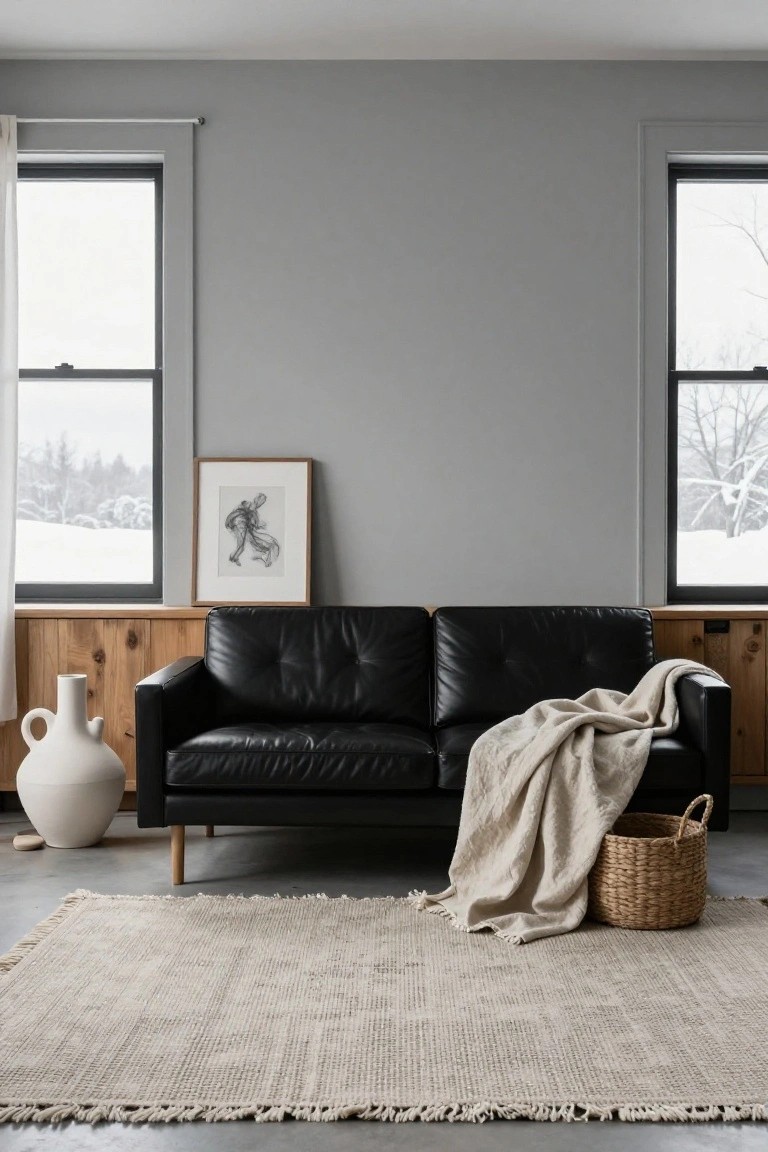 Black leather two-seater sofa with beige throw against light wood paneled wall in a modern living room with large windows showing snowy landscape, neutral rug, white vase, and woven basket.