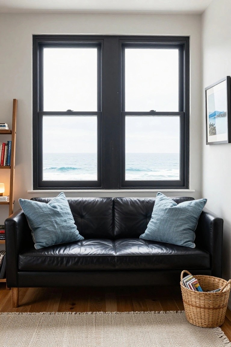 Black leather sofa with light blue linen cushions in front of tall black-framed windows overlooking ocean waves, with wooden bookshelves, lamp, and wicker basket on oak floor.