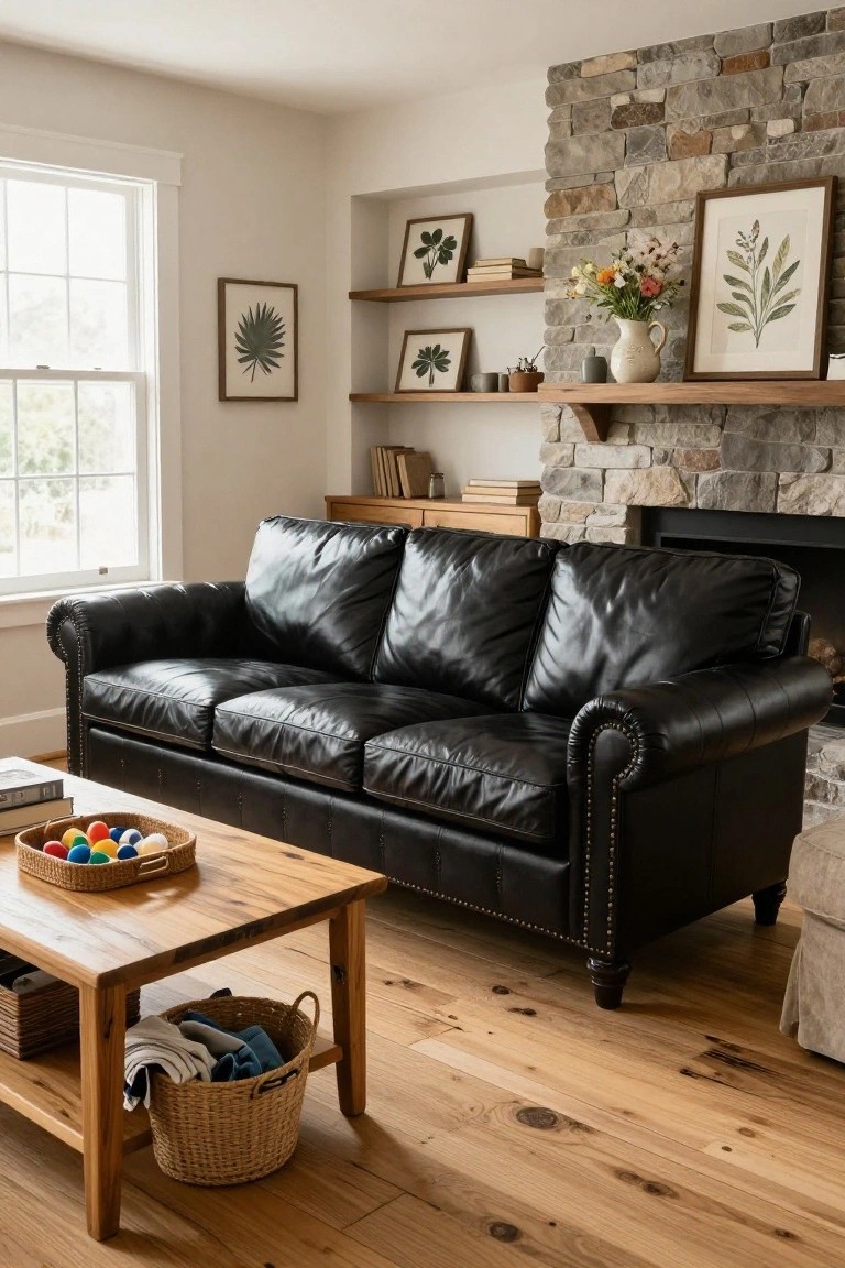 Black leather tufted three-seater sofa in a living room facing a stone fireplace, with wooden coffee table holding a basket of colorful balls and woven baskets with laundry, shelves with books and plants, and hardwood floors.