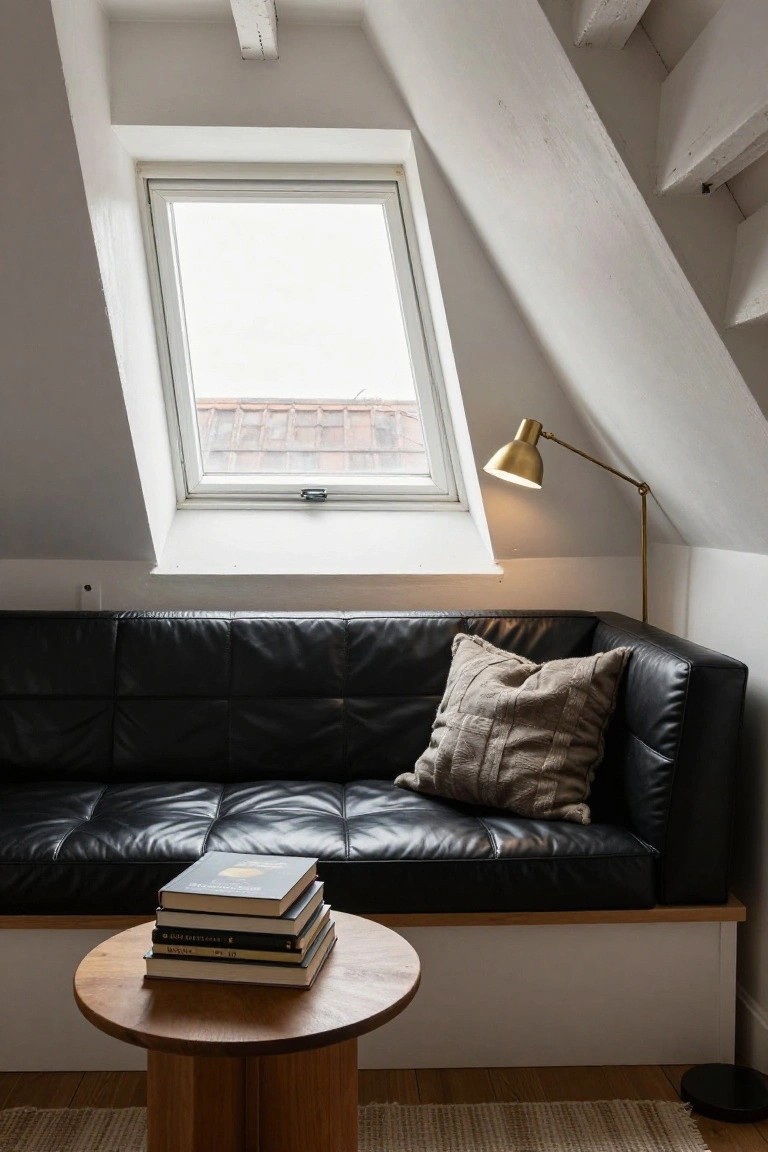 Black leather L-shaped sofa positioned against a white wall in an attic room with sloped ceilings, skylight window, gold arc lamp, stack of books on round wood side table, and seagrass rug on wood floor.