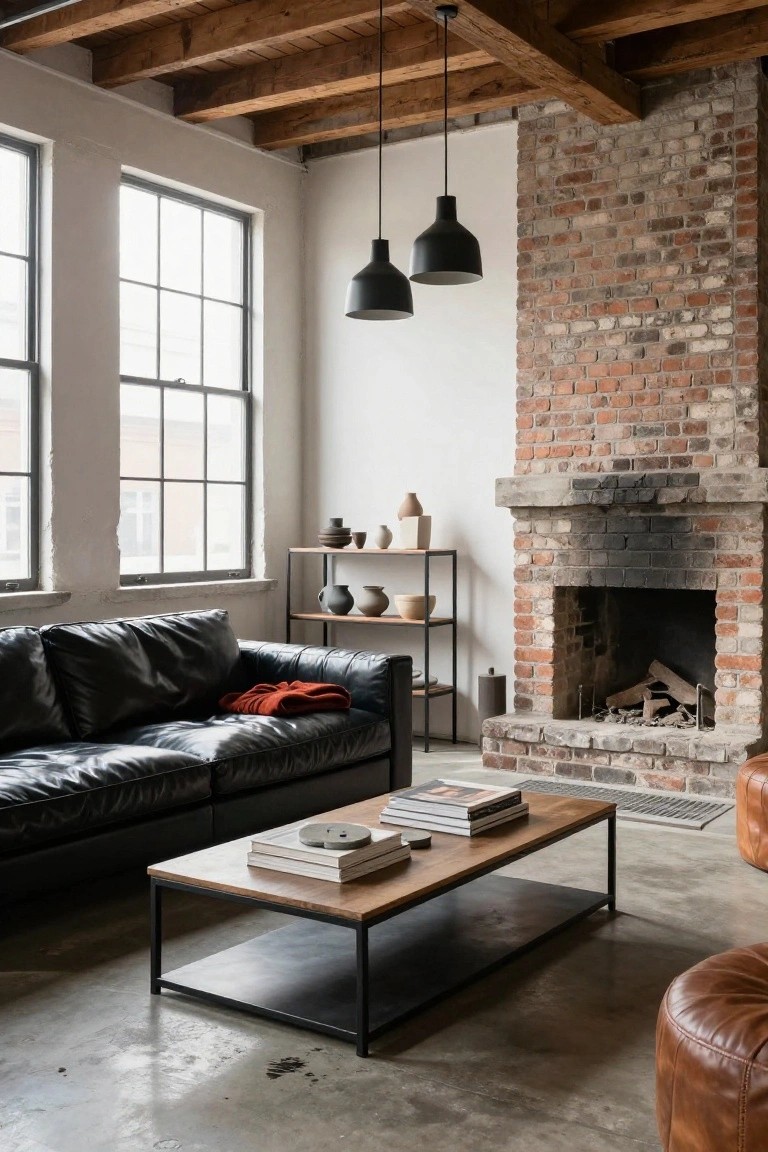 Spacious industrial living room with black leather L-shaped sofa, exposed brick wall and fireplace with lit fire, wooden ceiling beams, black pendant lights, metal shelving unit with ceramics, low wooden coffee table with books, and tan leather pouf on polished concrete floor.
