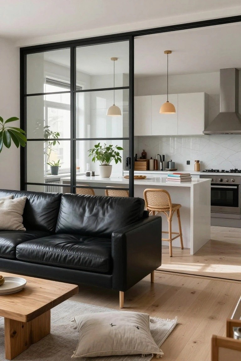 Black leather sofa in a living room with oak floors and coffee table, separated from white kitchen island by black-framed sliding glass doors, plants and pendant lights visible.