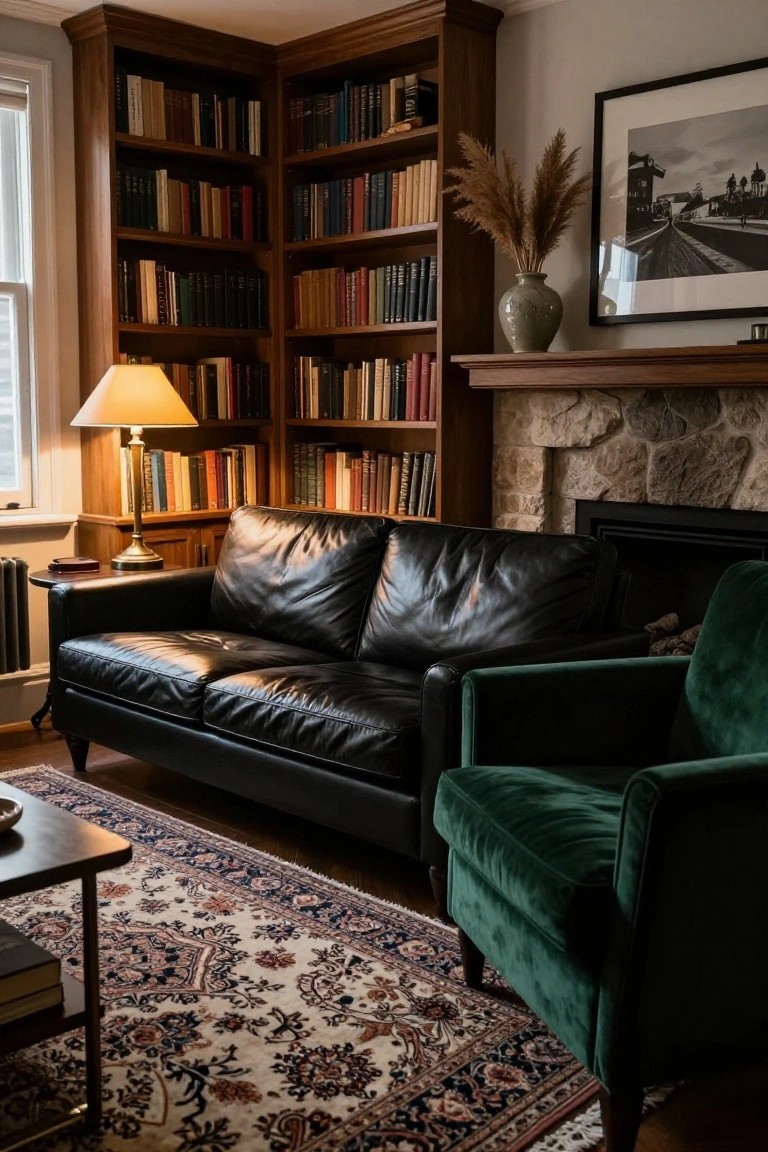 A living room interior with a black leather sofa next to a green velvet armchair, tall wooden bookshelves filled with books on two walls, a stone fireplace, Persian rug, coffee table, and table lamp.