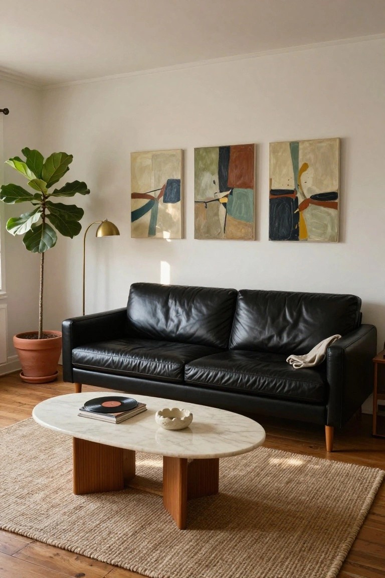 Black leather sofa in a bright living room facing three abstract paintings on a white wall, with a tall fiddle leaf fig plant, gold arched floor lamp, oval white marble coffee table on wood legs holding books and a vinyl record, and beige jute rug on wood floors.