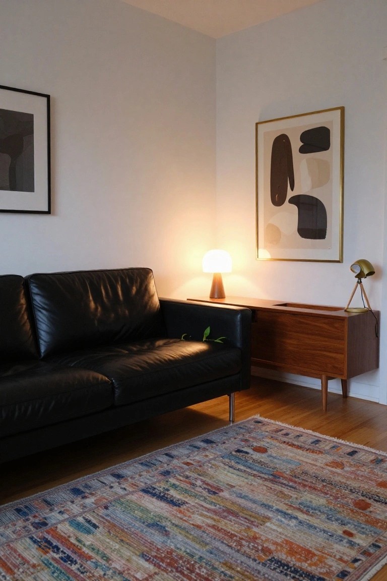Corner of a modern living room with black leather sofa adjacent to low wooden credenza holding a mushroom lamp and plant leaf, white walls with black-framed art and gold-framed abstract print, brass lamp on wall, colorful patterned rug on wood floor.