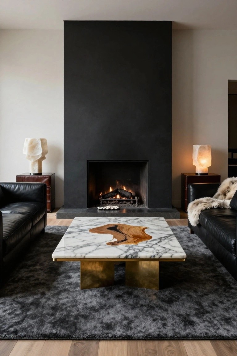 Modern living room interior with two black leather sofas facing a tall matte black stone fireplace, a rectangular white marble coffee table with wood inlay and brass legs in front, sculptural white lamps on wood-veneer side tables, dark shag rug, and light oak flooring.