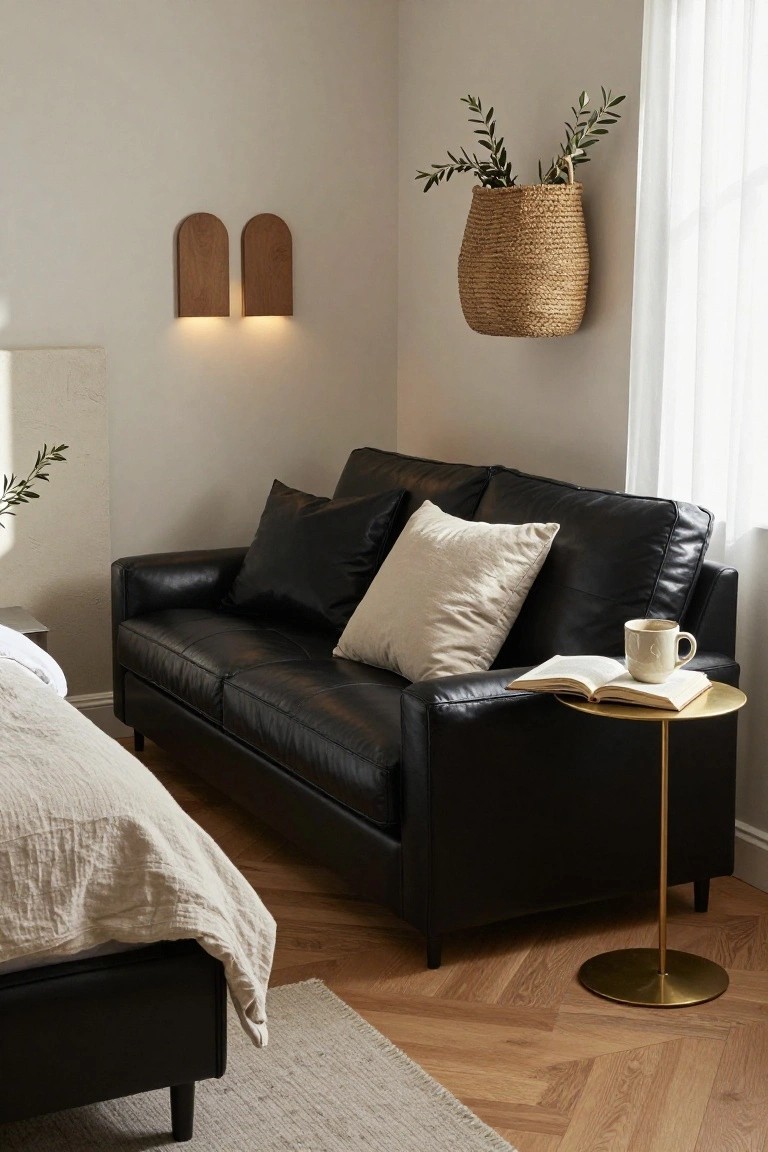 Black leather sofa positioned next to a beige linen bed in a light bedroom corner, with a gold side table holding an open book and white coffee mug, paired wood wall sconces, and a woven hanging basket of olive branches.