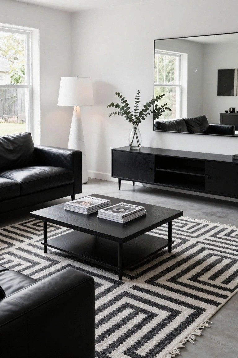 Modern living room with L-shaped black leather sofa, black wood coffee table, black TV console, large black-and-white geometric rug, tall white floor lamp, eucalyptus stems in glass vase, and large frameless wall mirror against white walls and concrete floor.