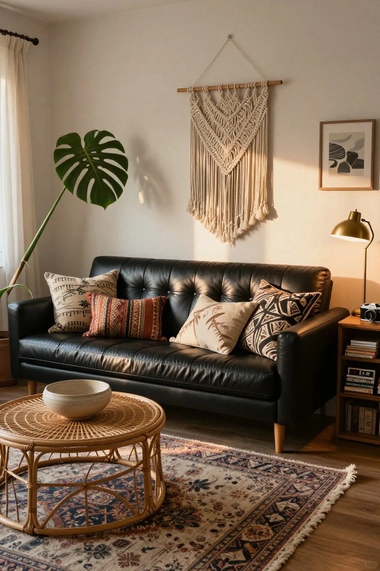 A living room interior with black tufted leather sofa topped by multicolored patterned pillows, tall monstera plant, macrame wall hanging, rattan coffee table with white bowl, brass lamp, bookshelves, and blue-toned Persian rug on hardwood floor.