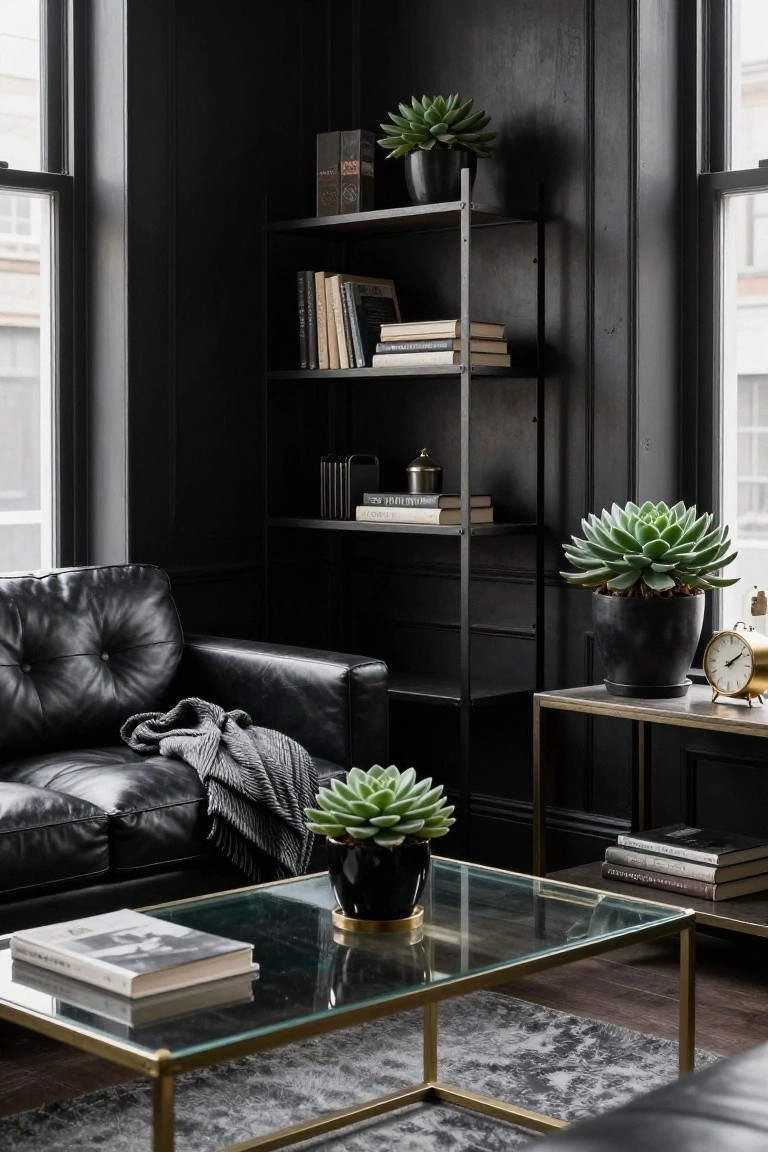 Corner living room with dark paneled walls, black leather tufted sofa draped with a gray throw, black metal bookshelves holding books and plants, brass side table with clock, glass coffee table topped with books and black pot succulent, large windows, and gray rug.