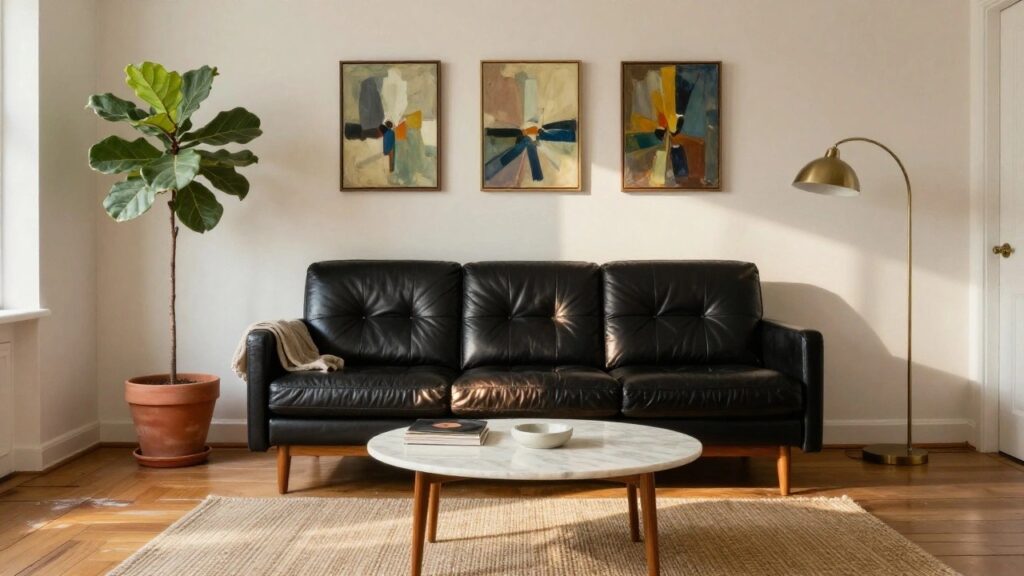 Black leather sofa in a bright living room facing three abstract paintings on a white wall, with a tall fiddle leaf fig plant, gold arched floor lamp, oval white marble coffee table on wood legs holding books and a vinyl record, and beige jute rug on wood floors.