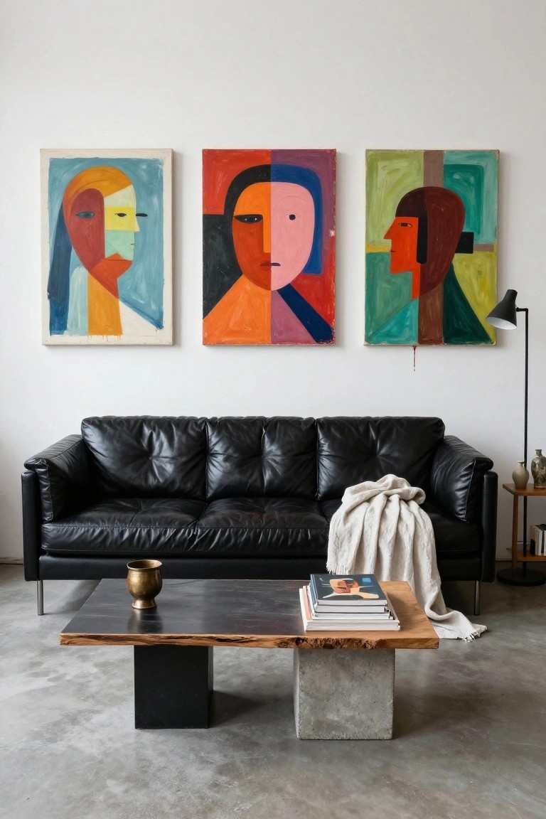 Modern living room featuring a black leather sofa with a cream wool throw, three colorful abstract portrait paintings on the white wall above, a live-edge wood coffee table holding books and a brass cup, polished concrete floor, and side tables with vases.