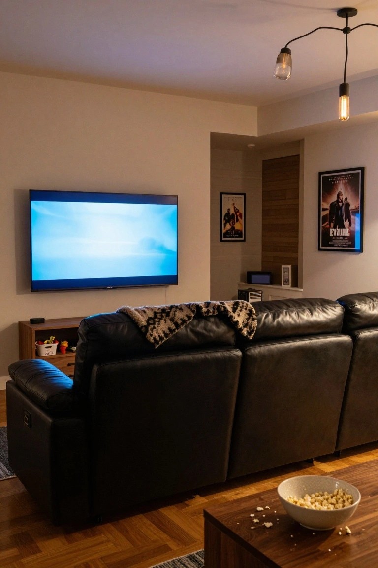 Cozy living room with black leather couch, wall-mounted TV, and popcorn bowl.