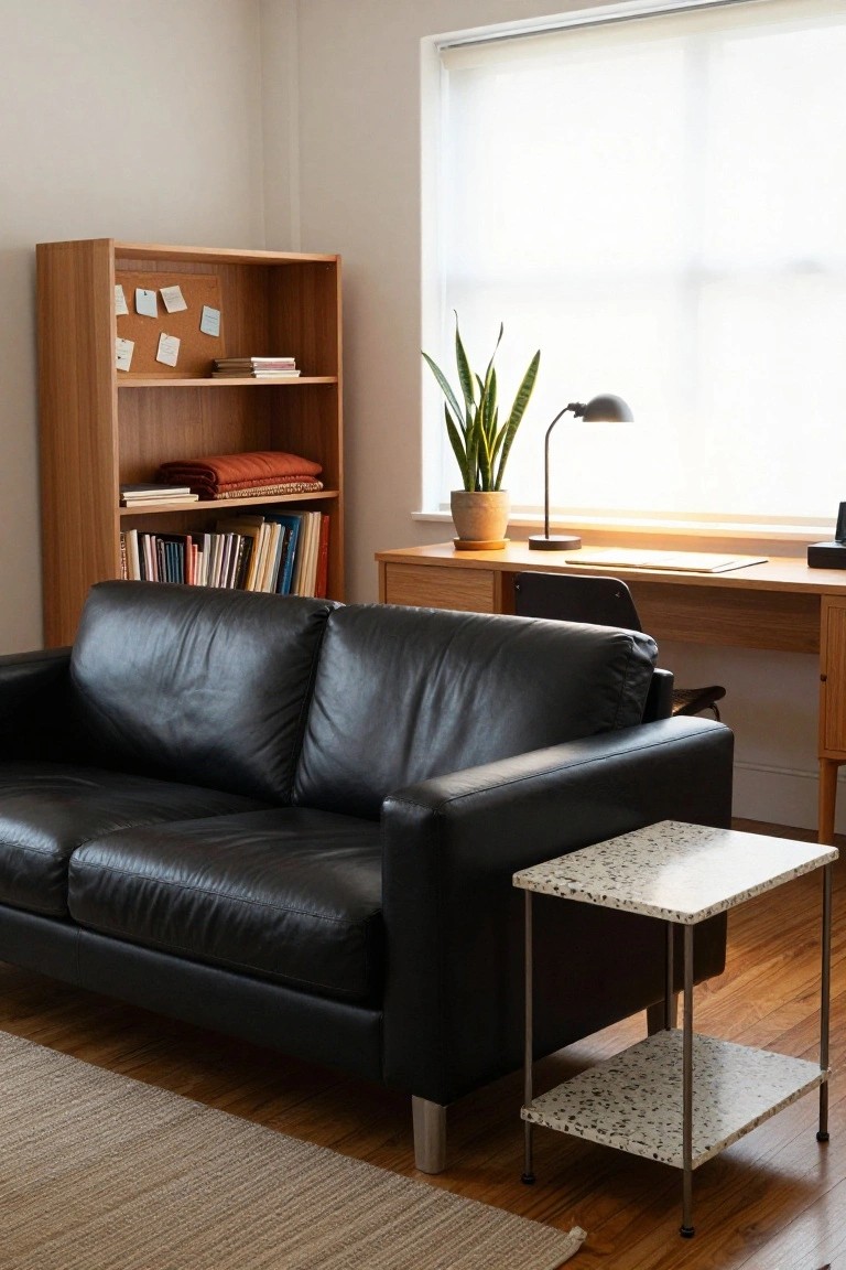 Modern living room interior with black leather two-seater sofa next to tall wooden bookcase with books and blanket, oak desk by window with snake plant and lamp, black office chair, terrazzo side table, and beige rug on light wood floors.