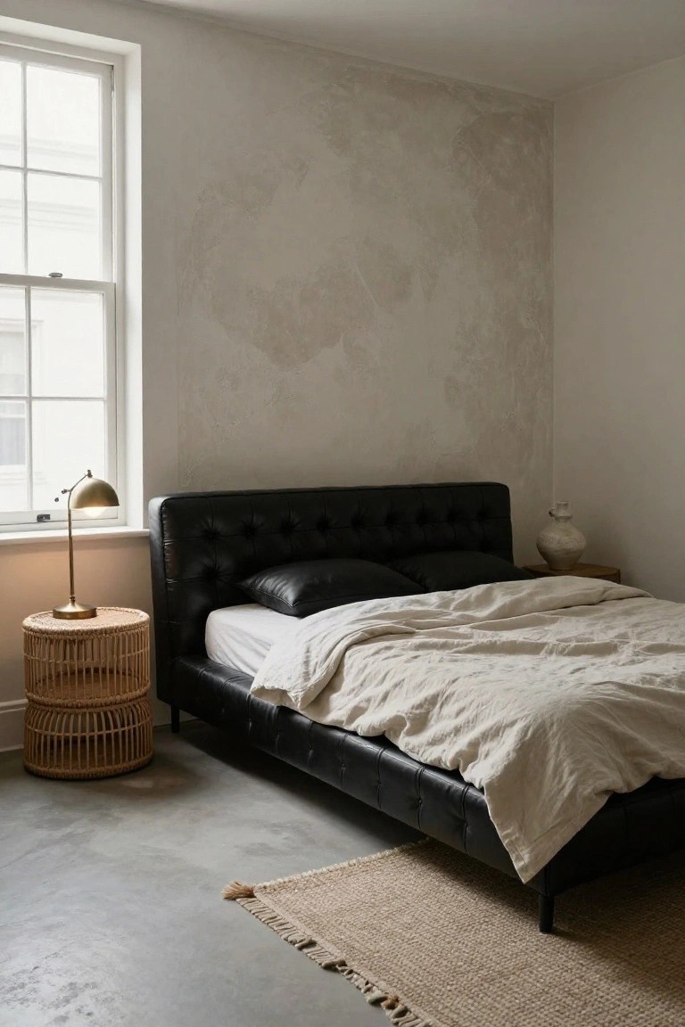 Minimal bedroom with black leather bed, beige linens, woven nightstand, and textured walls.