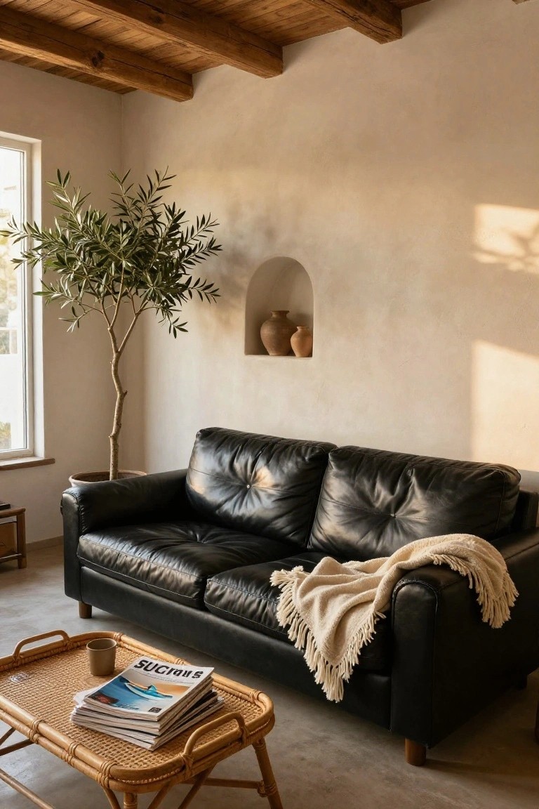 Black leather two-seater sofa with white fringed throw blanket in a beige-walled living room, tall potted olive tree beside it, rattan coffee table with stacked magazines and a mug, wooden ceiling beams, and arched wall niche holding two terracotta pots.