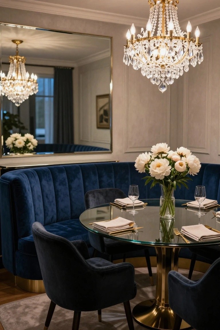 Curved navy blue velvet tufted banquette sofa in a dining area with round glass table on gold base, set with white plates, wine glasses, and peony bouquet centerpiece, gold chandelier overhead, and large mirror on wall.