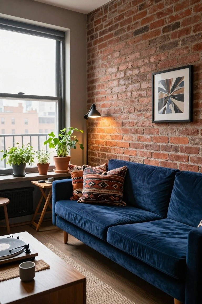 A navy blue velvet sofa in a living room with exposed brick walls, potted plants on the windowsill, a black arc lamp, colorful pillows, wooden side tables, and a turntable on a low coffee table.