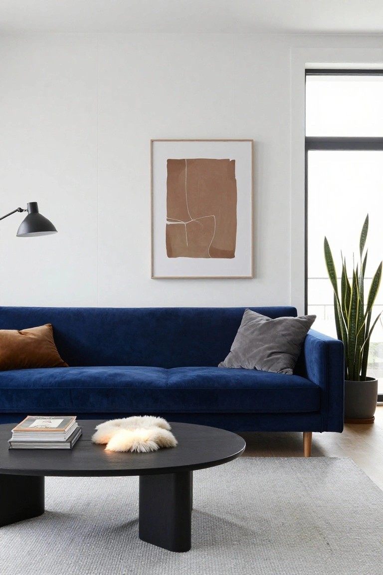 Navy blue velvet sofa on light wood floors in a white-walled living room with black oval coffee table holding stacked books and sheepskin throw, gray and tan pillows, black arc floor lamp, beige abstract line art in oak frame, tall snake plant in gray pot, and light gray wool rug.