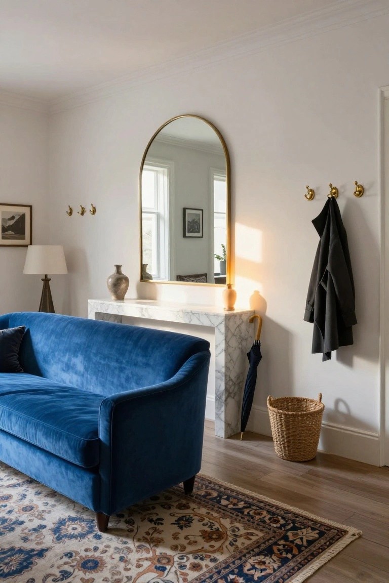 Blue velvet sofa positioned beside white marble console table in light entry room with gold arched mirror, brass coat hooks holding black coat, umbrella stand, table lamp, ceramic vase, and blue-accented Persian rug on wood floor.