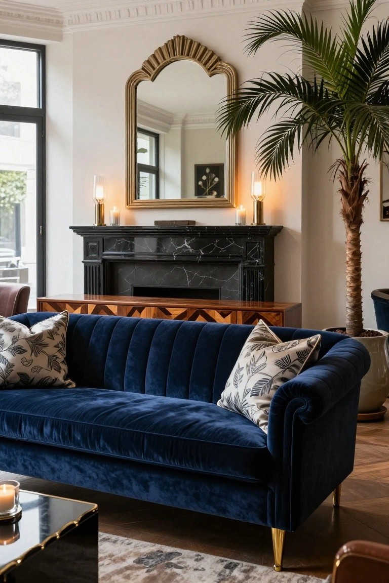Living room with navy blue tufted velvet sofa near black marble fireplace, gold arched mirror above mantel, wooden credenza, potted palm tree, and glass candleholders on low black coffee table.