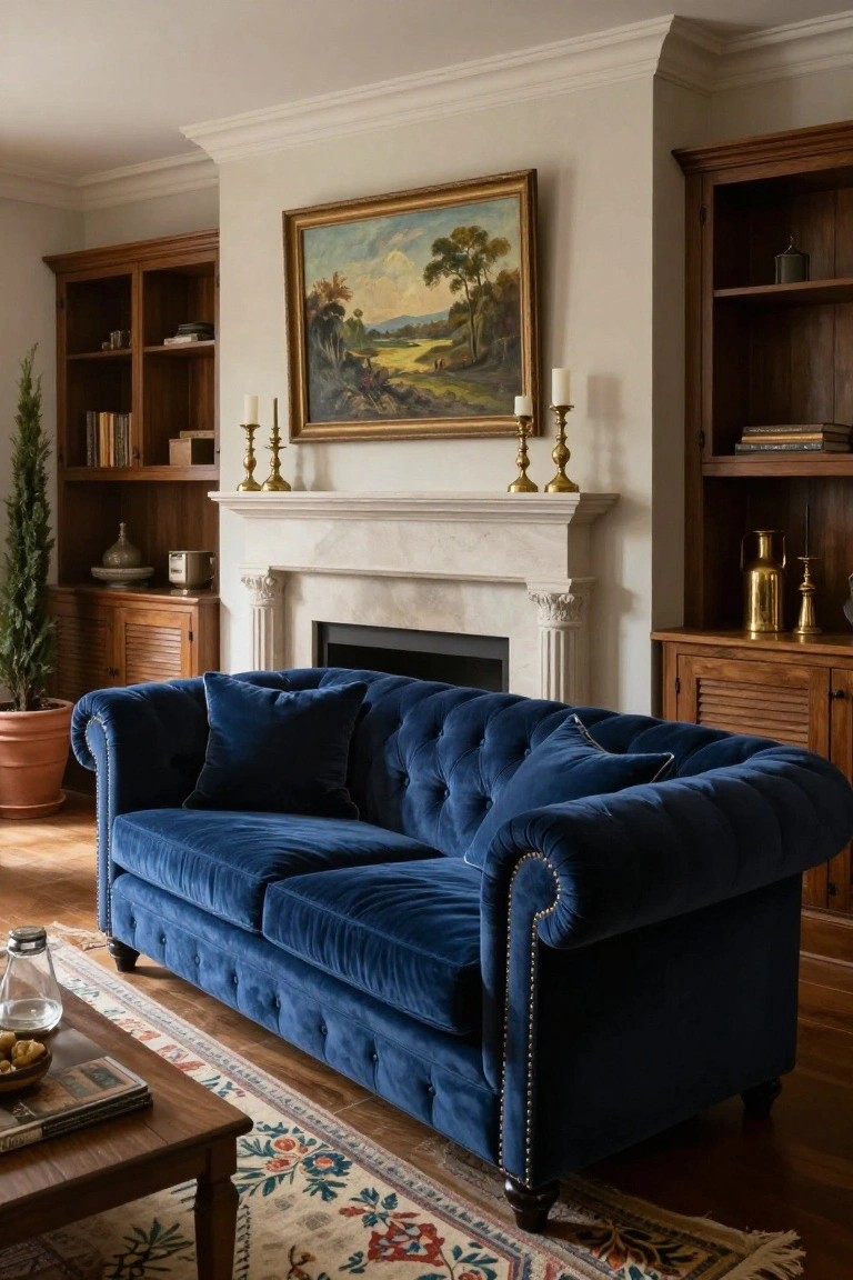 A navy blue tufted velvet sofa positioned in front of a white marble fireplace in a living room with wooden bookshelves flanking it and a landscape oil painting hung above the mantel.