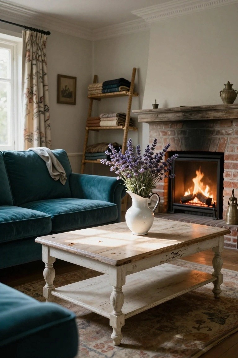 Cozy living room interior with teal blue velvet sofa facing a lit brick fireplace, wooden coffee table topped with white jug of purple lavender flowers, ladder shelf holding folded blankets, and window draped in floral curtains.