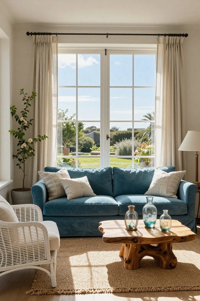 A teal blue velvet sofa in a light-filled living room facing large multi-paned windows and French doors with beige linen curtains, overlooking a garden with greenery and lawn, next to a potted citrus tree, rattan armchair, wooden coffee table with glass vases, and a lamp on light wood floors.