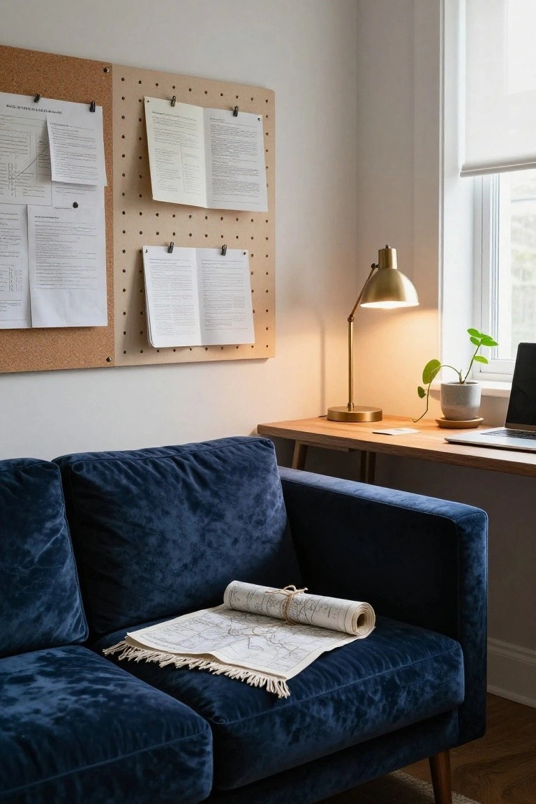 Blue velvet sofa next to a wooden desk with laptop, gold desk lamp, potted plant, and corkboard with pinned papers on the wall in a light room with window.