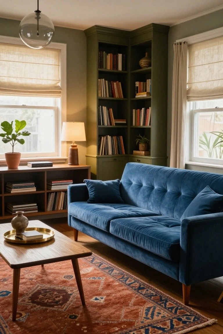 Blue velvet sofa in a living room corner with dark green built-in bookshelves filled with books, wooden media console, potted plants, wooden coffee table on terracotta rug, lamp, and pendant light by linen-draped windows.