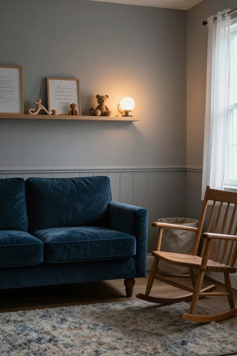 Light gray nursery room with navy blue velvet sofa, wooden rocking chair with basket, wooden toys and teddy bears on wall shelf, and globe lamp.