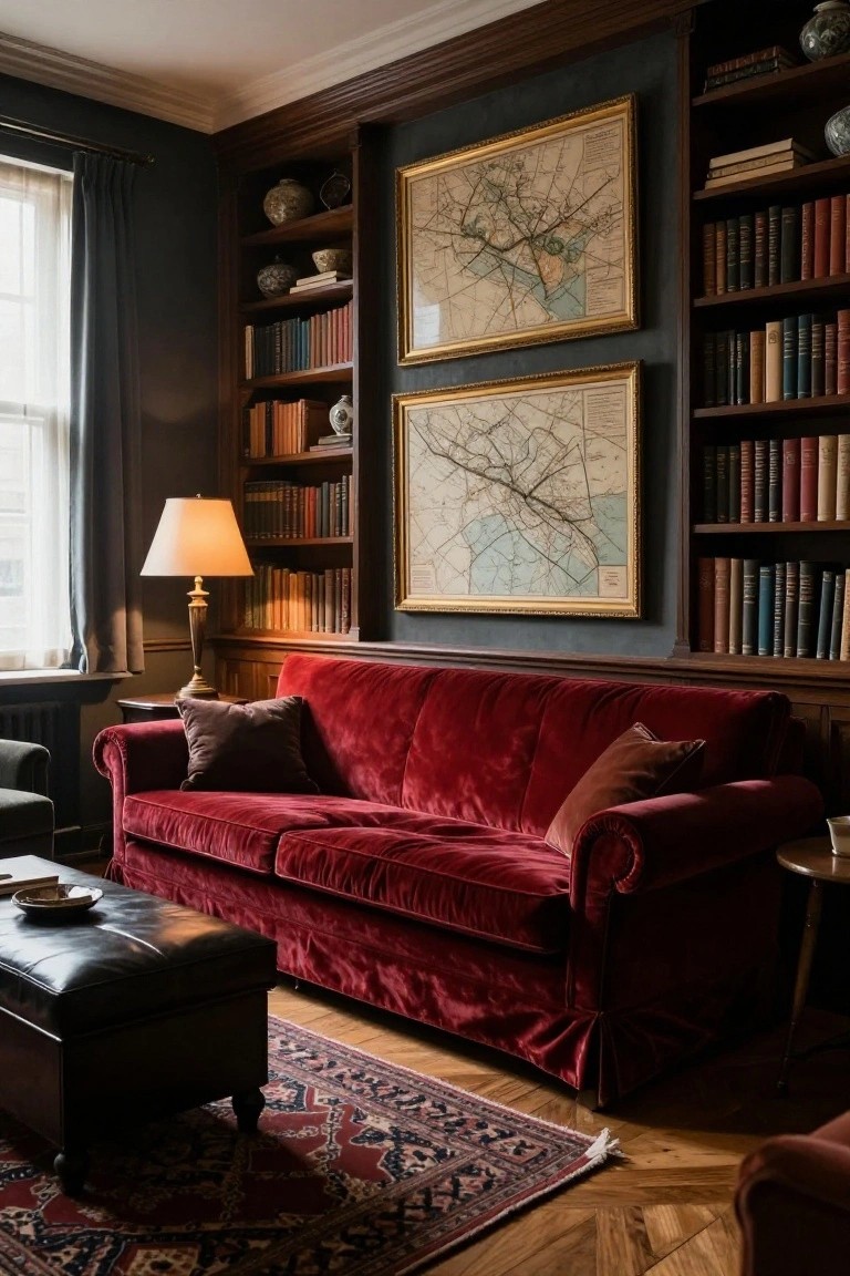Dark-paneled library room featuring a red velvet sofa, built-in bookshelves filled with books, two antique maps in gold frames on the wall, a brass table lamp, leather ottoman, and Persian rug on wood floors.